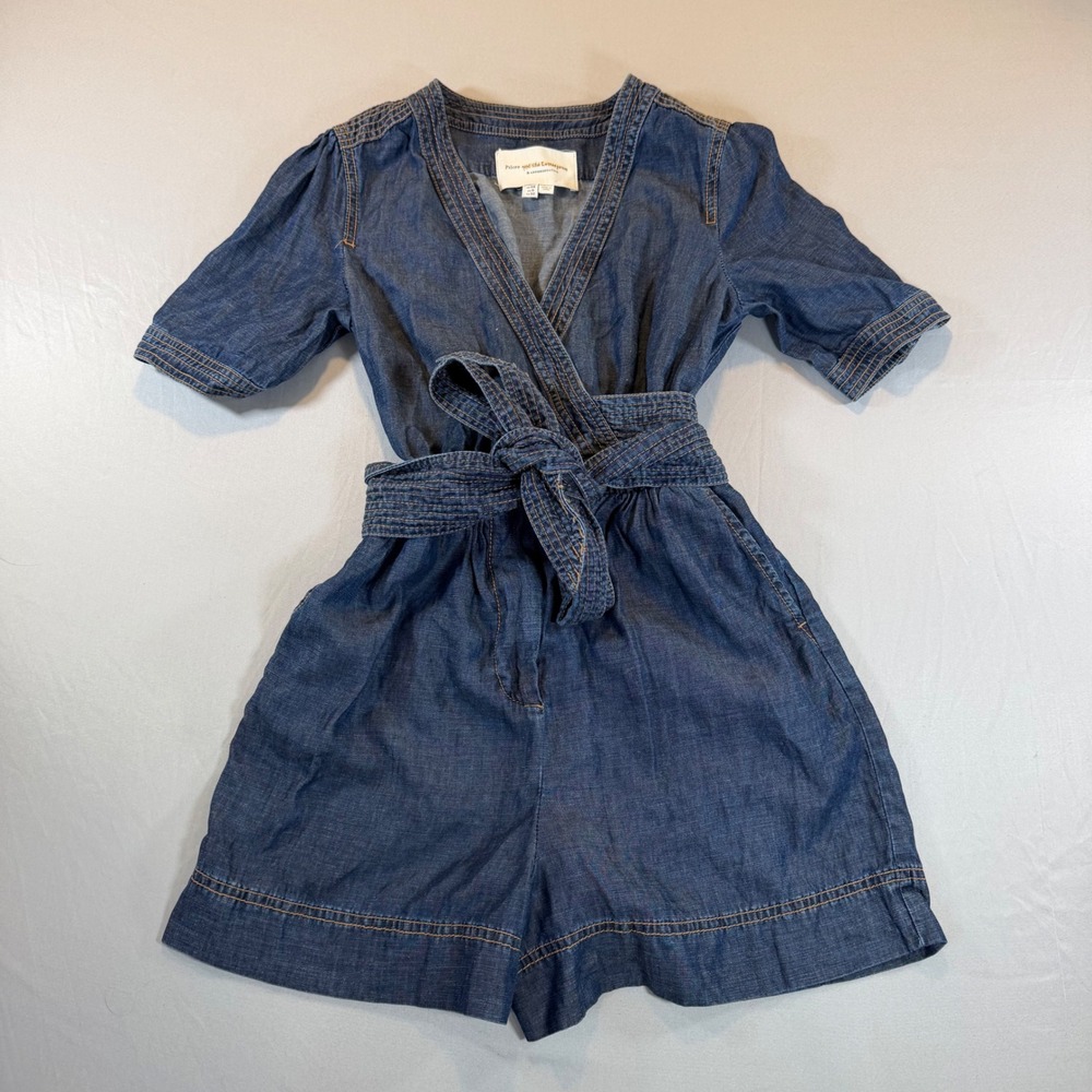 Pilcro Anthropologie Denim Romper Blue Wrap V-Neck Size 0 Festival Western‎ Chic